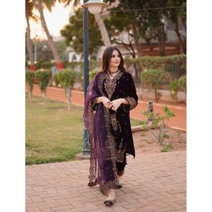 ATTRACTIVE VISCOSE VELVET SEQUENCE EMBROIDERY WORK TOP BOTTOM with DUPATTA <b>WINE</b> - Product Image 1