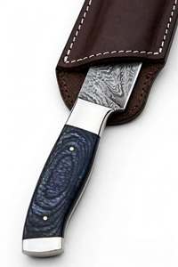 Cuchillo utilitario de acero de Damasco hecho a mano con mango de madera azul, bolster de acero inoxidable y funda de cuero, herramienta de campo - Product Image 3
