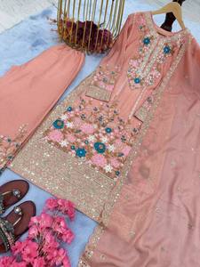 High On Demand Peach Long <b>Kurta</b> Palazzo Set for <b>Women</b> with Embroidered for Engagement and Party Wear Available At Good Price - Product Image 4