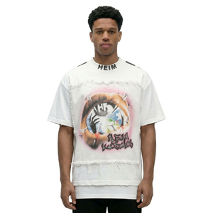Oversized White Cotton T-<b>Shirt</b> With Distressed Graphic Print And Rhinestone Logo For Men Streetwear Style - Product Image 1