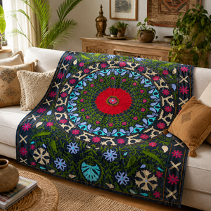 Couvre-lit en coton Suzani fait main exclusif, gris foncé, rose, bleu, broderie florale, style bohème, artisanat indien, décoration d'intérieur - Product Image 3