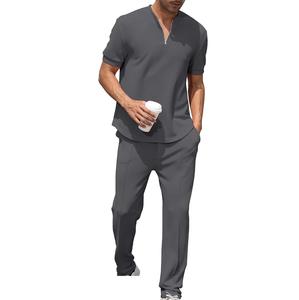 Men's Gray Quarter-Zip Short Sleeve T-Shirt and Pants Set Solid Color Knitted Breathable Casual Summer Wear - Product Image 1