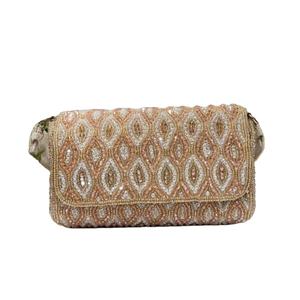 กระเป๋าสะพายไหล่ทรงแข็งแบบมีฝาปิดประดับลายเรขาคณิตสีพีชแชมเปญ - Product Image 1