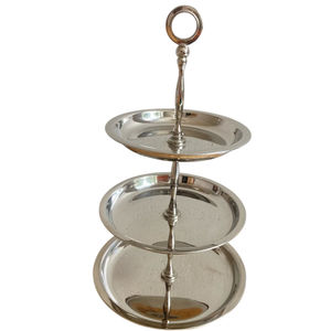 Support à gâteau vintage à 2 niveaux en acier inoxydable avec poignée en bois de teck, plateau de service pour desserts de style moderne du milieu du siècle, à prix raisonnable - Product Image 2