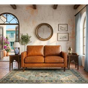 Sofá de Dos Plazas Estilo Mediterráneo para Sala de Estar, Forma Minimalista, Cuero Color Coñac, Diseño Compacto y Limpio que Complementa la Arquitectura - Product Image 1