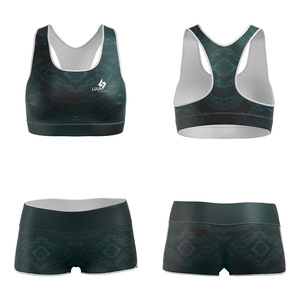 ชุดออกกำลังกายผู้หญิง 2 ชิ้น แบบ OEM ODM สั่งทำพิเศษ พิมพ์ลายแบบ Sublimation เสื้อชั้นในกีฬาและกางเกงเลกกิ้งขาสั้น ชุดโยคะ ชุดออกกำลังกาย - Product Image 3