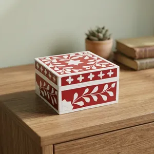 Caja de Joyería de Madera Floral Hecha a Mano con Incrustaciones de Hueso, Organizador de Baratijas con Tapa Cuadrada, Estuche de Almacenamiento Decorativo para el Hogar, Caja de Regalo - Product Image 4