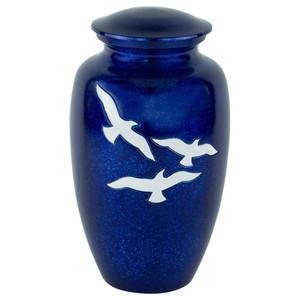 Urna funeraria de aluminio azul con diseño de pájaros en vuelo, acabado metálico brillante, recipiente conmemorativo para adultos. - Product Image 3