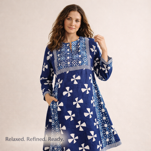 ชุดเดรสผ้าฝ้ายอินดิโก้ทำมือคุณภาพระดับบูติก คอวีเล็ก แขนยาว ลายตัดกัน ชุดเดรสยาวปานกลางสำหรับผู้หญิง - Product Image 5