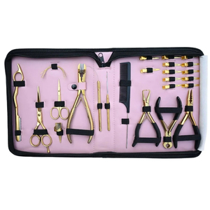 Nouvel arrivage : Kit d'application d'extensions capillaires avec étui rose, pinces plaquées or, ciseaux rasoirs, pinces de sectionnement et peigne à queue - Product Image 1