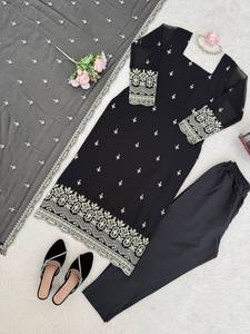 Traje Salwar de Georgette Foux Negro Bordado para Mujer, Ropa Tradicional India y Pakistaní para Bodas y Fiestas, Microalgodón de Secado Rápido - Product Image 6
