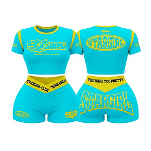 Ensemble 2 pièces crop top et short pour femme, noir et jaune, imprimé lettres, style sexy clubwear, printemps-été, sportif, coupe ajustée au genou - Product Image 4