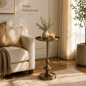 Modern <b>Round</b> Pedestal <b>Side</b> <b>Table</b> with Raised Tray Top and Antique Brass Finish | Elegant Accent End <b>Table</b> with Decorative Base - Product Image 4
