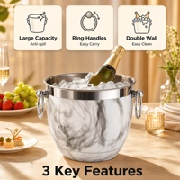 Seau à glace isotherme en acier inoxydable à double paroi effet marbre avec poignées pour champagne et vin, idéal pour les bars et les fêtes