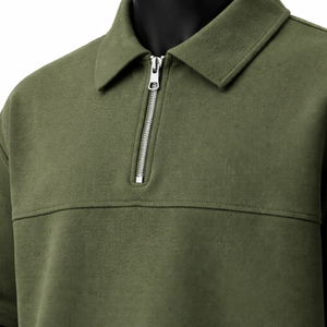 เสื้อโปโลซิปสีเขียวมะกอกสำหรับผู้ชายแบบ OEM สั่งทำได้ ทรงโอเวอร์ไซส์ แขนสั้น สไตล์ลำลอง สตรีทแวร์ ขายส่งจำนวนมากจากผู้ผลิต - Product Image 6
