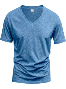 Men's V-Neck Short Sleeve Solid Cotton Casual T-Shirt Regular Fit Breathable Enzyme Wash Knitted Jersey Fabric 180g Eco-Friendly - Product Image 3