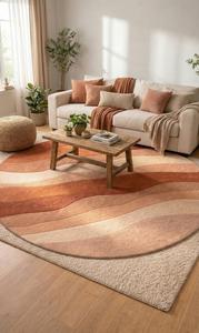 Modern <b>Abstract</b> Wave Round Wool Anti-Slip Area Rug Soft Tufted Terracotta Orange Beige for Living Room - Product Image 5