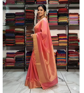 Sari en soie rose corail pour femme, tenue ethnique traditionnelle pour fête, tissu drapé avec élégante bordure décorative - Product Image 4