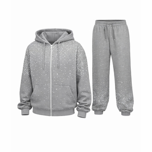 Chándal con Capucha para Hombre, Estampado de Puntos Grises, Manga Larga, Informal, para Otoño, con Bolsillos Laterales, Cierre de Cremallera, Chándal con Pedrería - Product Image 5