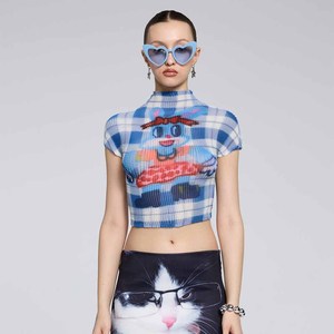 Women's Blue Plaid Cartoon Print Crop <b>Top</b> <b>Cap</b> <b>Sleeve</b> Turtleneck Knitted Spring Summer Slim Fit Spandex Polyester - Product Image 1