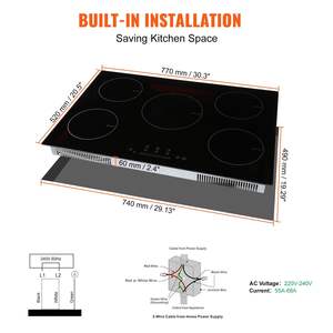 เตาแม่เหล็กไฟฟ้าแบบฝัง 5 หัวเตา ขนาด 30 นิ้ว 9200 วัตต์ 9 ระดับความร้อน หน้าจอสัมผัส LED มัลติฟังก์ชั่น - Product Image 6