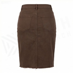 Jupe crayon en jean taille haute pour femme, couleur unie, longueur genou, style décontracté avec poches et ourlet effiloché - Product Image 2