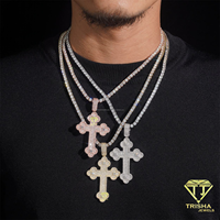 Pendentif croix surdimensionné avec diamants moissanite ronds, collier en argent sterling 925, style hip-hop, style rappeur