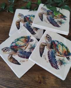 Posavasos rústicos de mármol con diseño de tortuga marina, decoración náutica costera para el hogar, juego de 4 - Product Image 3