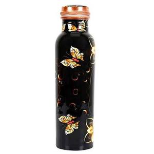 Botella de agua de cobre con diseño floral negro, estilo de vida sostenible, portátil, para viajes, con tapa. - Product Image 1