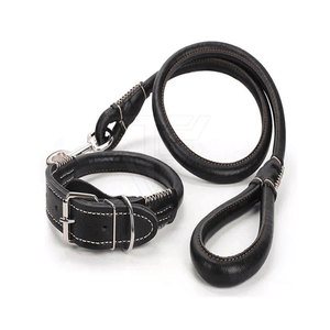 Ensemble collier et laisse pour chien en cuir véritable classique avec sangle réglable, boucle en métal, anneau en D et sangle cousue - Product Image 1
