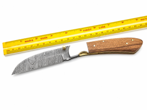 Cuchillo plegable con bloqueo Liner Lock de acero de Damasco, mango de madera y funda de cuero, hoja de punta caída, cuchillo de caza, calidad DIY - Product Image 2