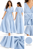 Robe longue élégante décontractée en coton et lin, col en V, manches courtes, taille à nouer, fluide, à volants, pour l'été, la plage et les vacances, 6XL