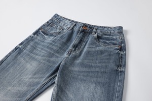Jean en denim coupe droite pour homme, coupe ample décontractée, en coton bleu délavé, style automne - Product Image 5