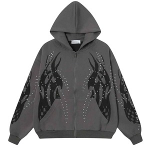 Sweat à capuche zippé pour homme, effet délavé, polyester/coton, léger, style vintage, coupe oversize, streetwear, design découpé, hiver - Product Image 1