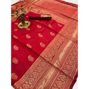CRÉATEUR LICHI SOIE JACQUARD TRAVAIL SAREE AVEC BLOUSE NON COUCHÉE ROUGE - Product Image 2