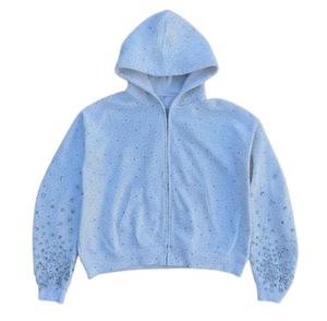 Sudadera con capucha personalizada 100% algodón con cremallera para hombre y mujer, muestra de sudadera con pedrería personalizada para mujer, sudadera con pedrería de diamantes. - Product Image 4