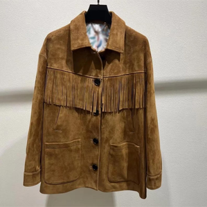 Chaqueta de cuero para mujer con flecos, cuello vuelto, manga larga, estilo otoñal, cierre de un solo botón, color sólido - Product Image 2