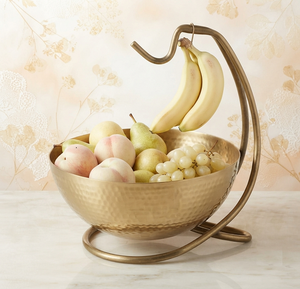 Corbeille à fruits métallique au design géométrique, finition martelée dorée, élégante, pour présentation sur table - Product Image 1