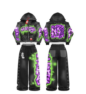 Ensemble de survêtement unisexe léger imprimé délavé à l'acide TAHAD 2026 avec sweat à capuche zippé et pantalon de jogging évasé pour le sport - Product Image 3