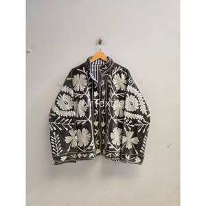 Veste en velours brodée à fleurs pour femme, col mandarin, manches longues, longueur normale, style automne à points apparents - Product Image 1