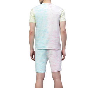Conjunto de camiseta y pantalones cortos de algodón con efecto tie-dye para hombre, cuello redondo, color degradado, ropa informal de verano, tejido transpirable. - Product Image 6