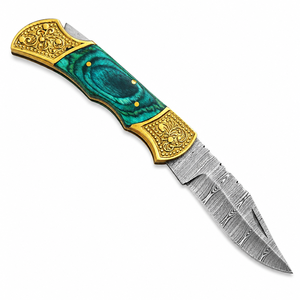 Handmade DIY Industrial Utility Folding Knife Damascus Steel Blade (Straight Edge) 3mm Brass+Wood Handle Drop Point <b>Leather</b> - Product Image 1