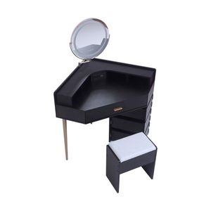 Ensemble de table de maquillage noire avec tabouret, miroir éclairé tricolore amovible, quatre tiroirs avec prises - Product Image 6
