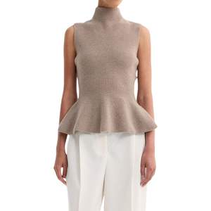 Suéter de punto sin mangas para mujer, color granate, con cuello simulado, bajo peplum, ajuste ceñido y tejido acanalado - Product Image 2