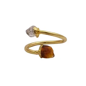 美丽的赫基默 & 黄水晶粗糙宝石声明戒指镀金单带可调戒指简约礼品珠宝
