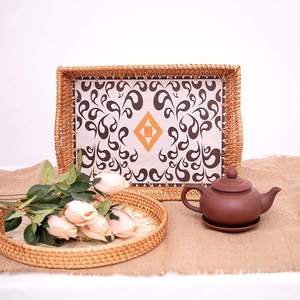 Handwoven Rattan Serving Tray with Printed Base Rectangular Wicker with Handles Stylish Breakfast Tea <b>Coffee</b> <b>Table</b> - Product Image 1