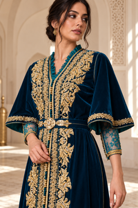 Luxury Deep <b>Teal</b> Velvet Moroccan Caftan with Gold Floral Embroidery and Belt for Women <b>Wedding</b> Dinner Gala Traditional Arab Wear - Product Image 5