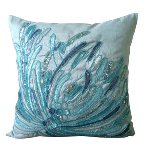Wholesale <b>Blue</b> Sequin <b>Beaded</b> Ocean Pillow Cover Cushion Case Throw Silk Floral Mediterranean <b>Beaded</b> Cushion Cover - Product Image 1