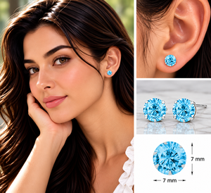 Pendientes de Plata de Ley 925 con Circonita Cúbica Redonda de Corte Brillante Azul Cielo, Engaste de 7mm, Joyería Fina - Product Image 3