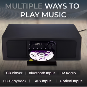 Stereo Shelf <b>Speaker</b> System with CD Player, 25W <b>Speakers</b>, Bluetooth, FM Radio, USB, Aux In, Optical In, Alarm Clock - Product Image 2